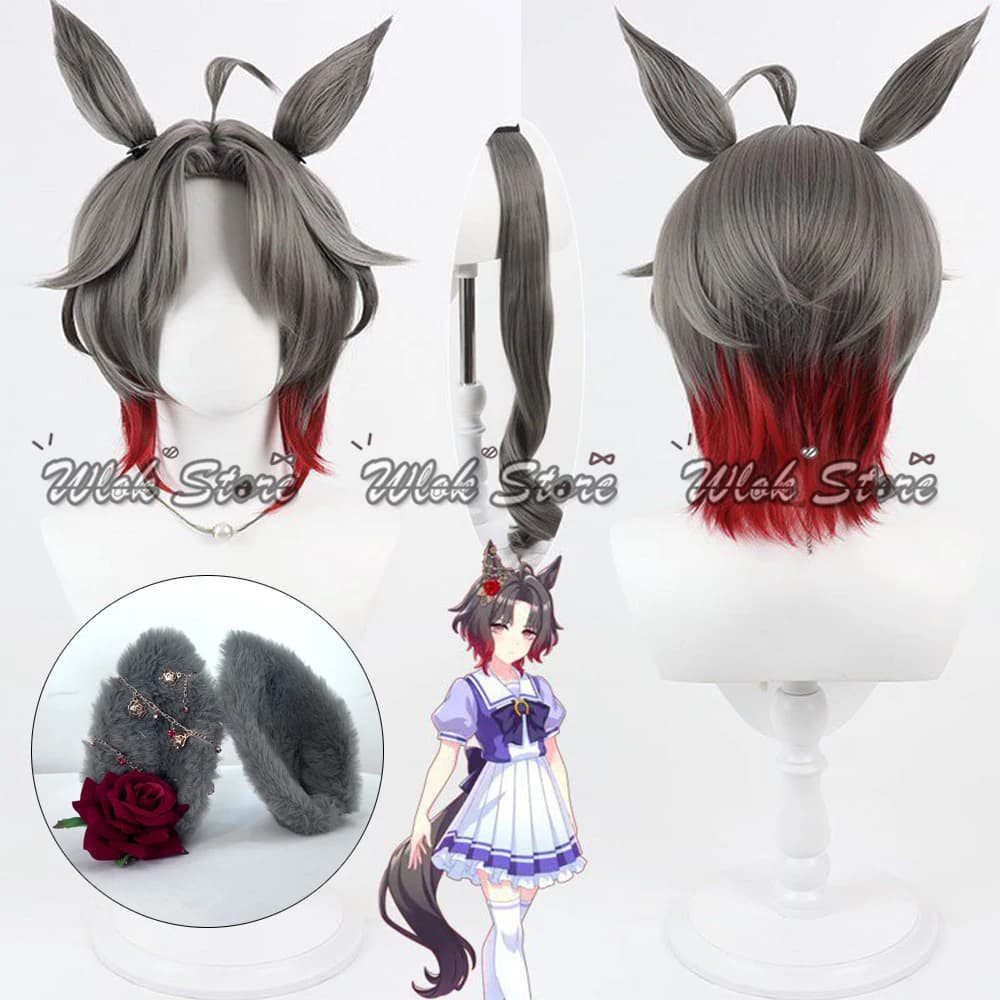 Parrucca Cosplay Anime Umamusume Pretty Derby Rose Kingdom con Orecchie Grigie, Fermagli per Capelli e Coda, Resistente al Calore, per Donne, Halloween, Feste e Carnevale