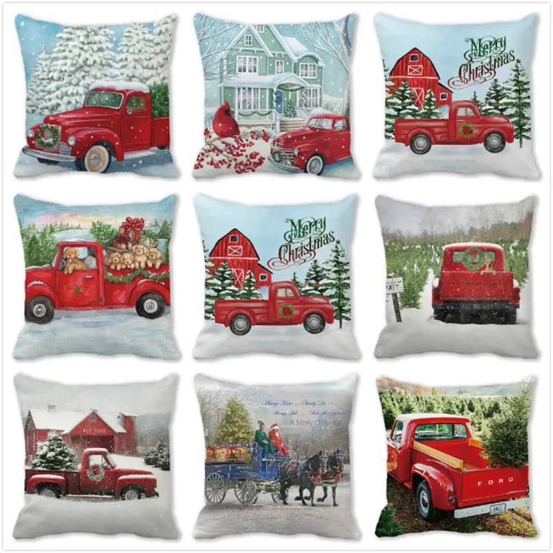 Red Christmas car delivering gifts Digital printing short plush pillow covers for car sofa office cushion cover home goods