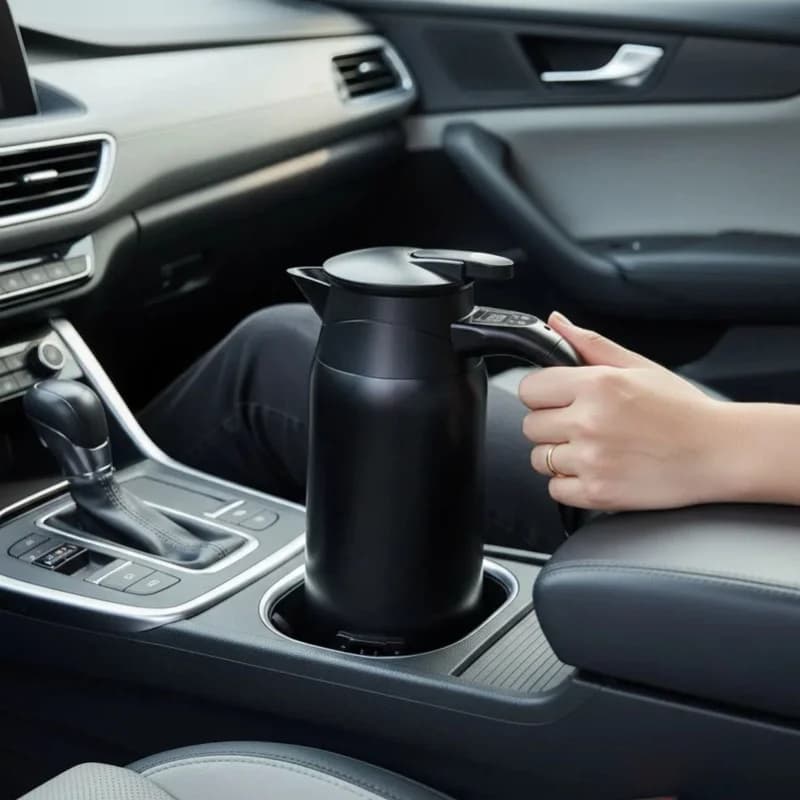 Portable Car Electric Kettle 800ml 304 Stainless Steel Dual Layer Digital Display Black For Travel Use