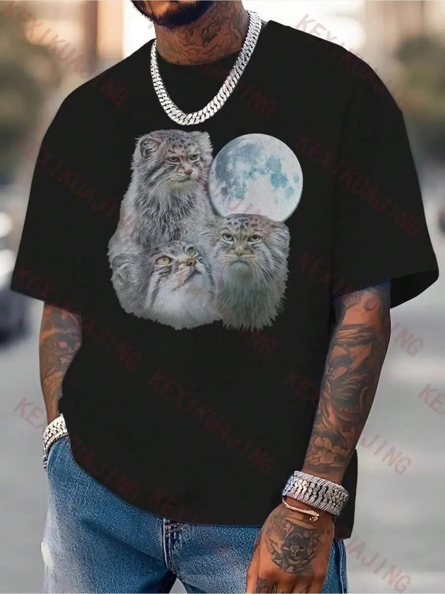 Men's Three Pallas Cats Meme T-Shirt 180Gsm Heavyweight Round Neck Short Sleeve Tee With Cute Cat Moon Graphic, All-Season Fit