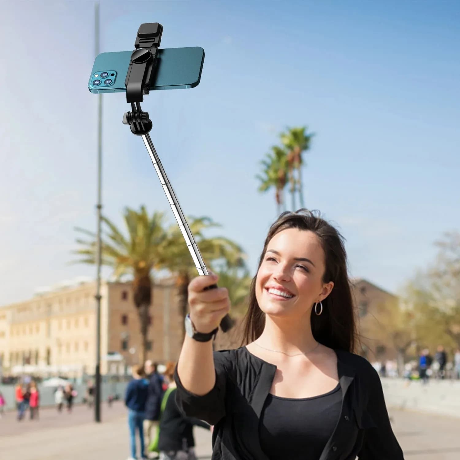 Bastone selfie estensibile con treppiede wireless, luce e telecomando Bluetooth