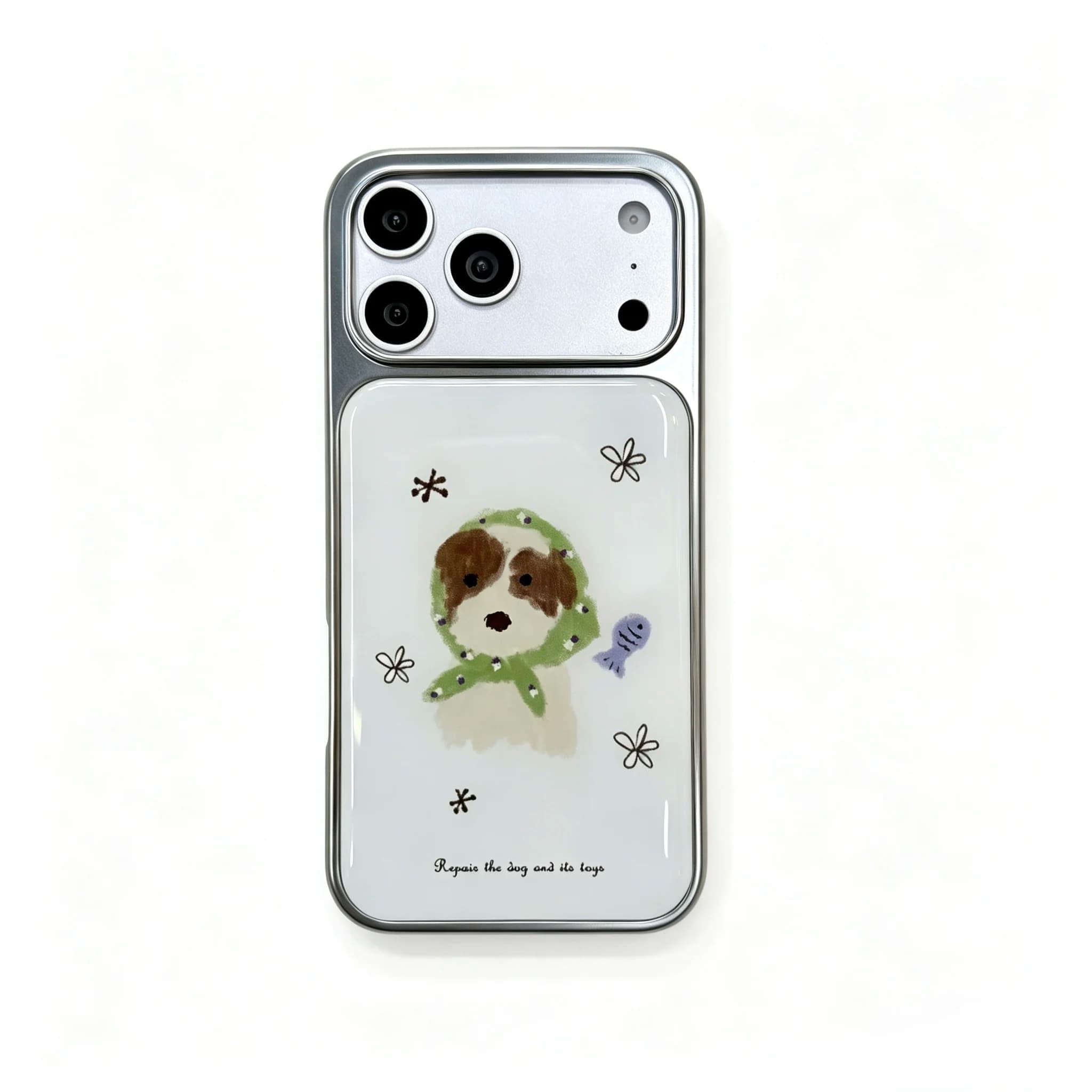 Electroplate Silver Frame Hand Drawn Bandage Puppy Casual Phone Case for iPhone 17 16 15 14 13 Pro Max Back Phone Cover Capa