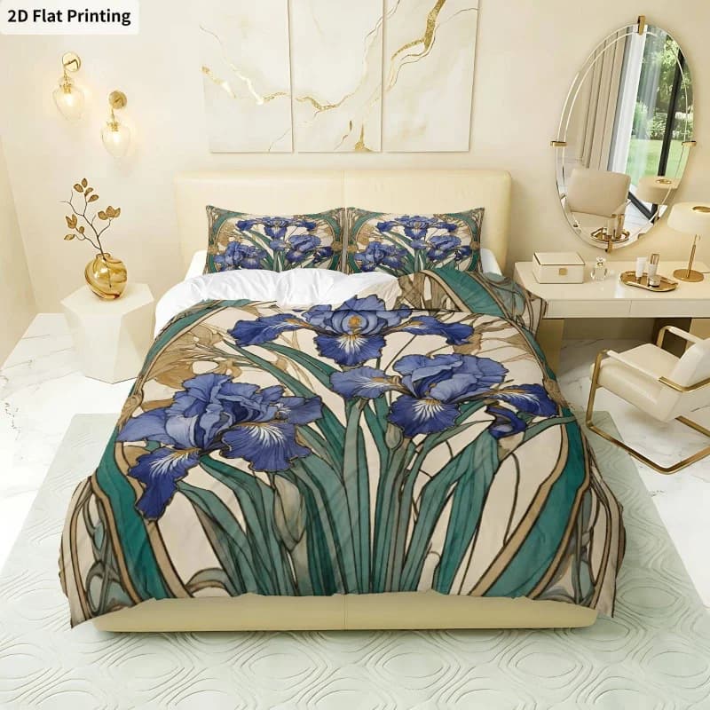 Set Copripiumino 3 Pezzi, 1 Copripiumino + 2 Federe (Senza Imbottitura) Tema Artistico Botanico Vintage Blu Iris, Biancheria da Letto Stampata Squisita