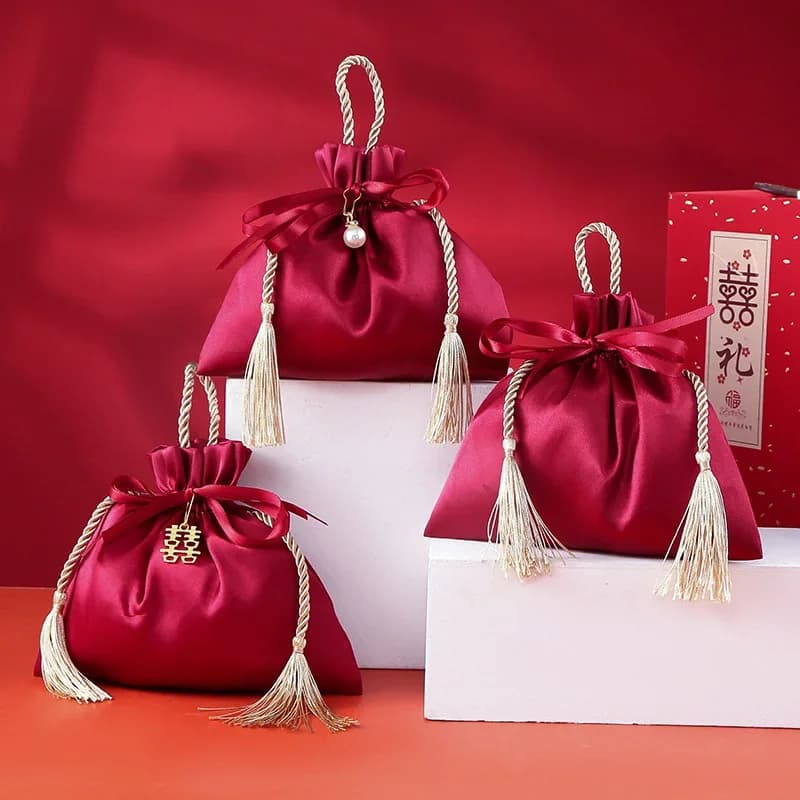 10 pezzi di imballaggio di lusso con coulisse sacchetto di velluto sacchetto regalo di seta per gioielli scatole di caramelle da sposa con decorazioni a corda di perle bomboniere borse