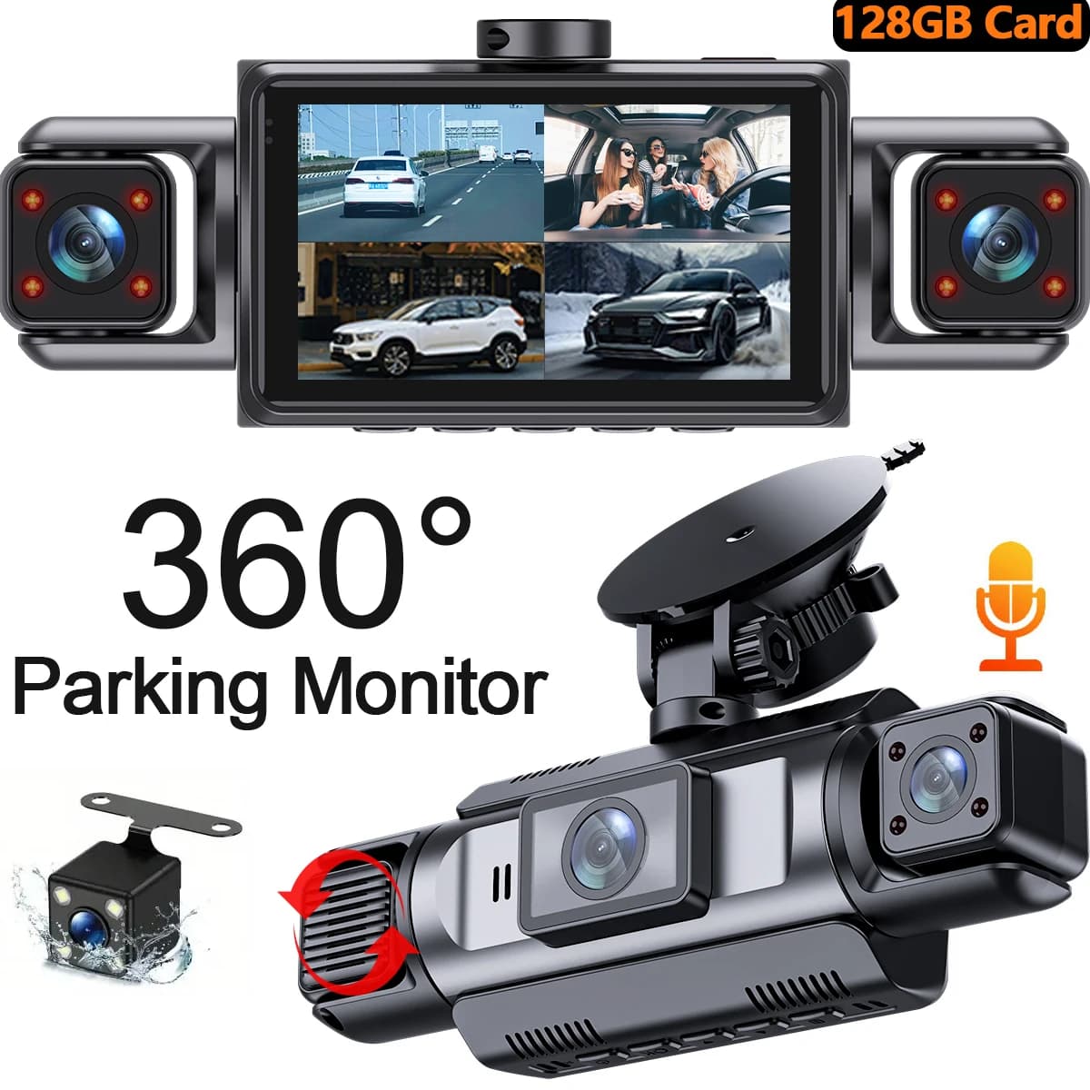 Videoregistratore DVR per auto DashCam 4 canali 360 ° WIFI anteriore all'interno della telecamera posteriore ruotabile 24 ore su 24 Monitor di parcheggio Dash cam per auto