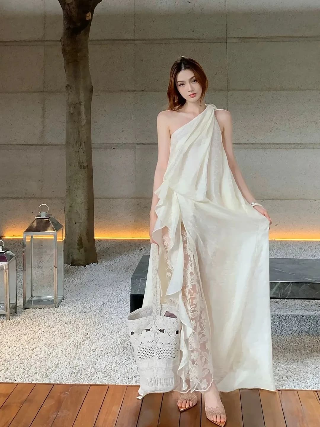 Summer Lace Splice Asymmetrical Shoulder Long Dress Women's plus Size French Style High Waist A-Line Skirt Casual Elegant