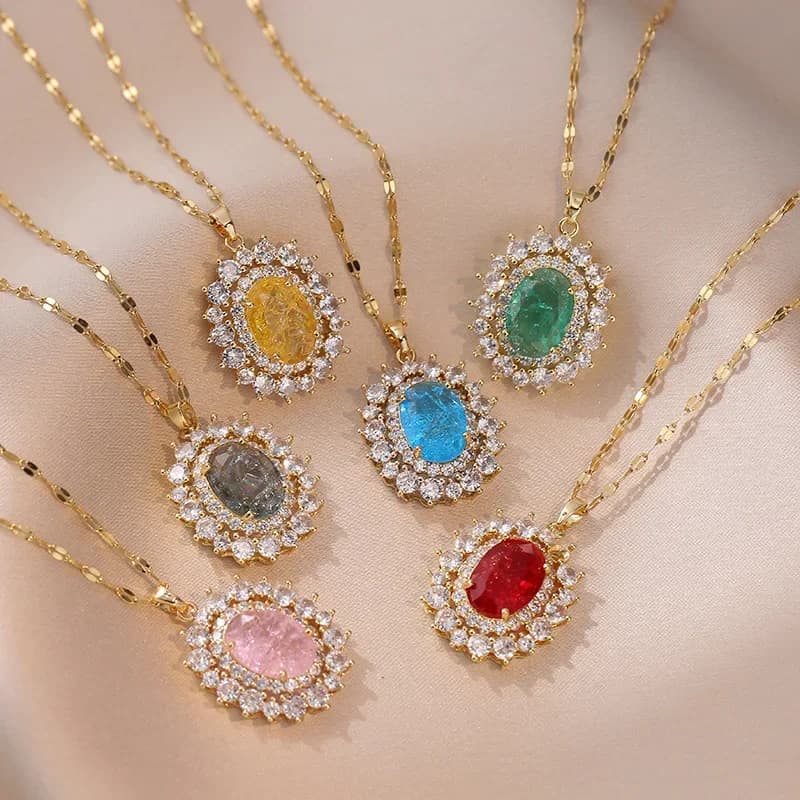 316L Stainless Steel Chian Oval Circular Micro Inlaid Zircon Pendant Woman Necklace Vintage Jewelry