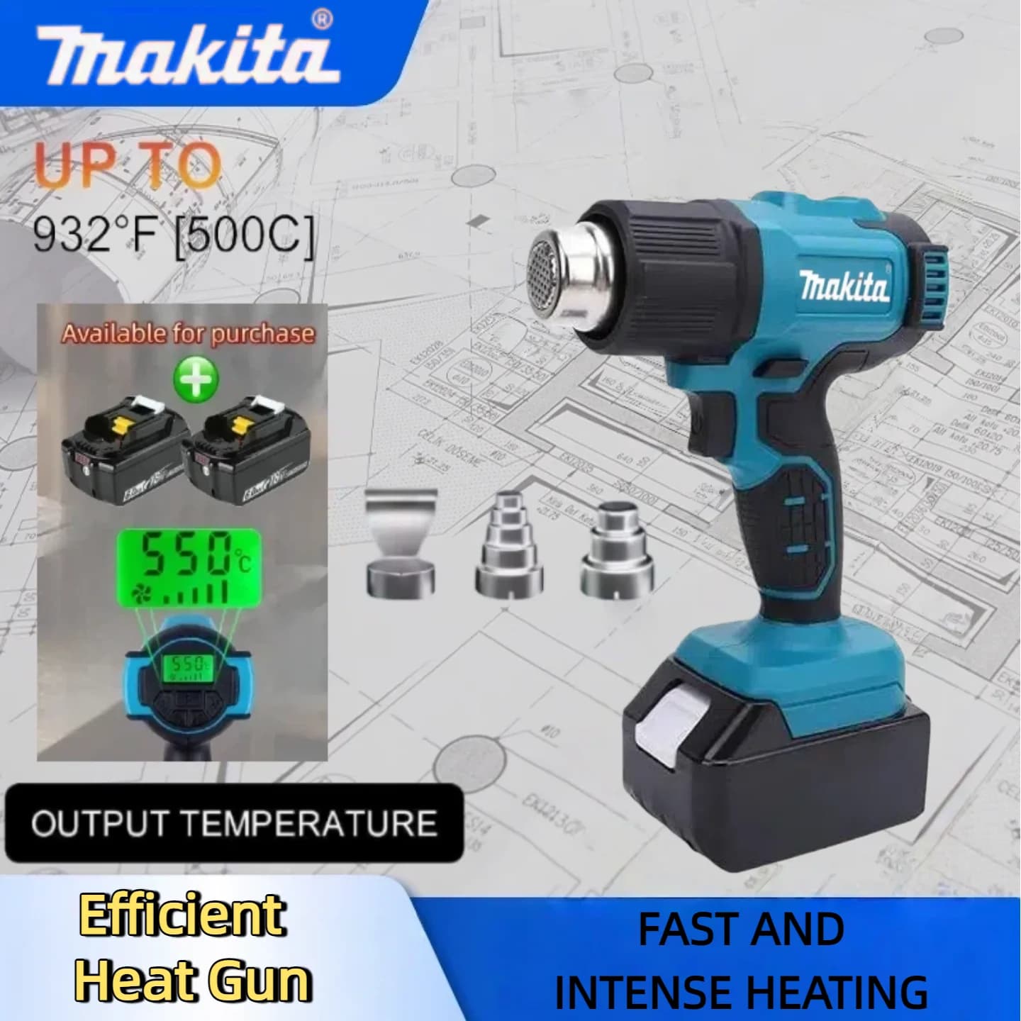 Makita 550 ° C Nuova pistola ad aria calda portatile senza fili con display a LED Pistola termica per saldatura con controllo della temperatura