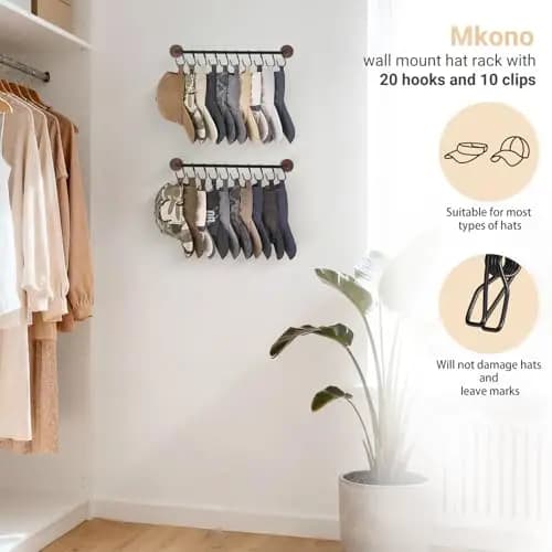 Wall-Mounted Metal Hat Organizer With 20 Hooks And 10 Clips For Baseball Caps Storage In Closet, Bedroom, Or Entryway