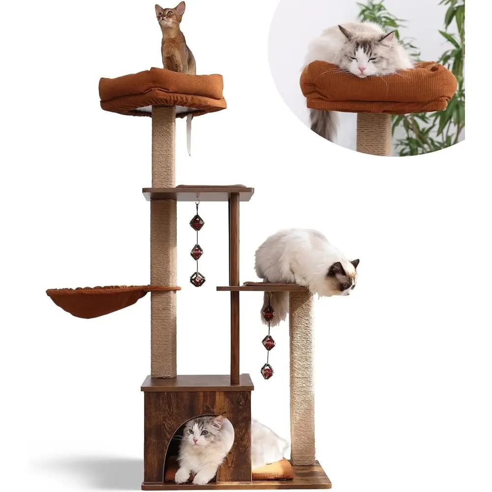 Torre per Gatti 4-in-1 Grande con Tiragraffi in Juta, Amaca e Palline di Silvervine - Cuccia in Legno Marrone per Gioco e Riposo, Retr