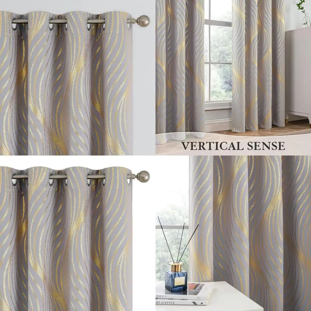 84 corrugated polka dots in grey gold with thermal insulation per bedroom, living curtains in metallic gold with 2 panels with cable