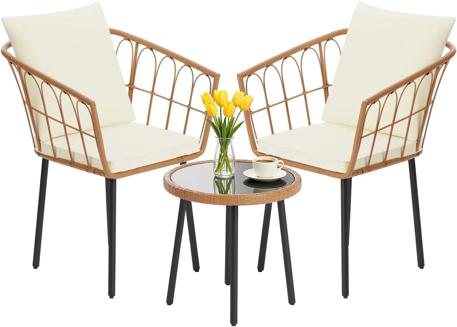 3 Pieces Patio Furniture Set, Patio Furniture Natural Rattan Patio Chairs Set with Coffee Table Cushion for Patio Porch Backyard Poolside Gardent, Beige