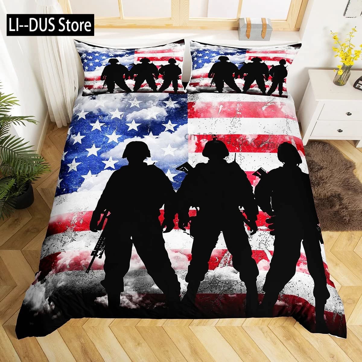 Set copripiumino soldato King Size Soldato Elicottero Silhouette Set biancheria da letto in microfibra 2/3 pezzi Copripiumino militare verde nero