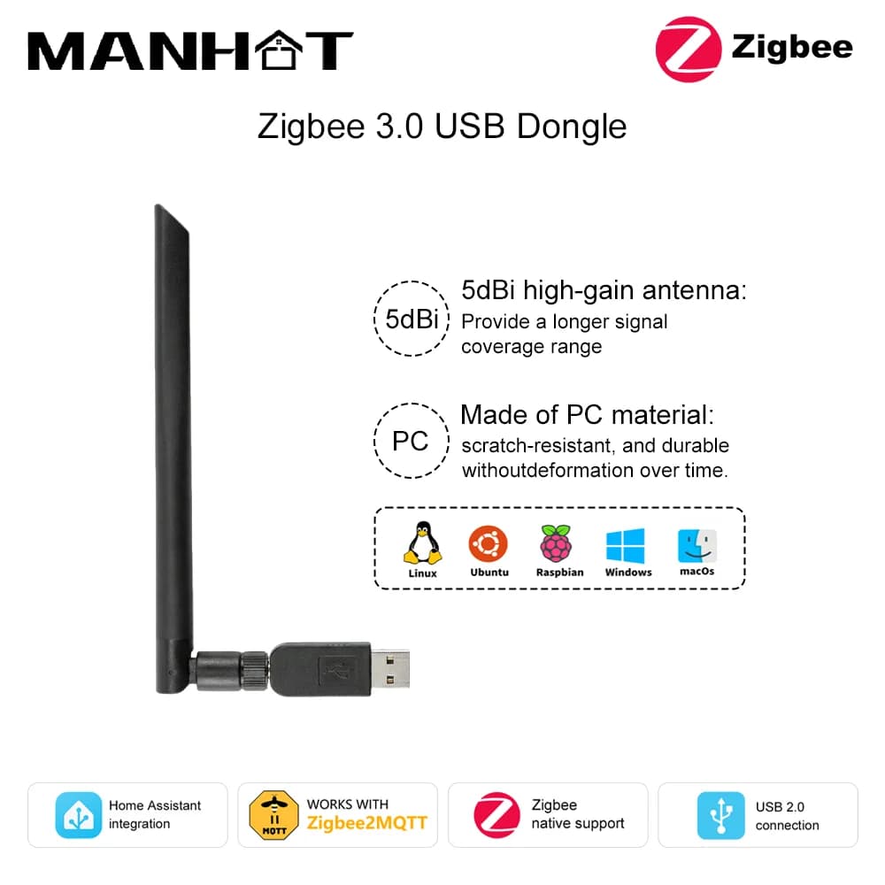 Dongle USB Zigbee 3.0, Hub Gateway ZigBee Universal with antenna, for Domotica, Compatible with Home Assistant, Zigbee 2MQTT, OpenHAB