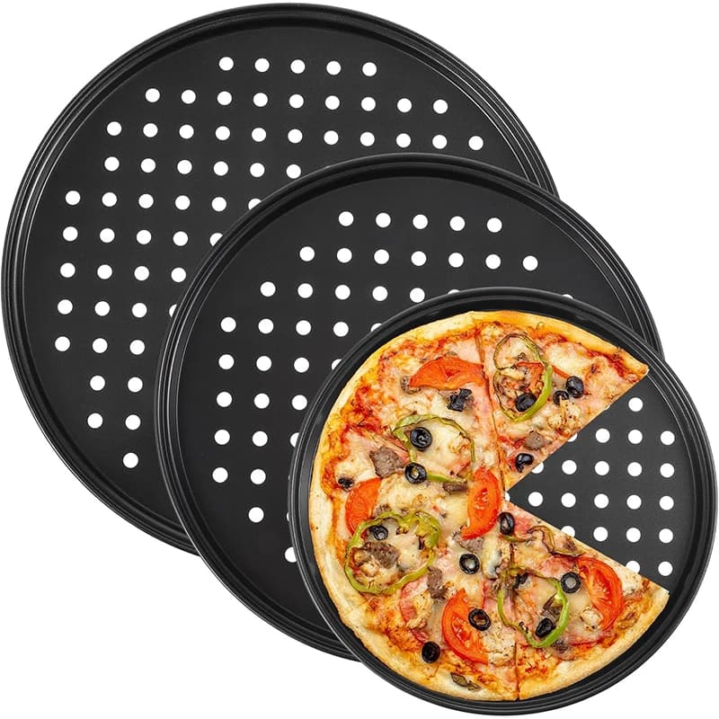 Teglia per pizza antiaderente di 4 dimensioni con fori Vassoio per frutta e verdura per pizza in acciaio al carbonio perforato per forno Vassoio per pizza rotondo Bakeware YY210