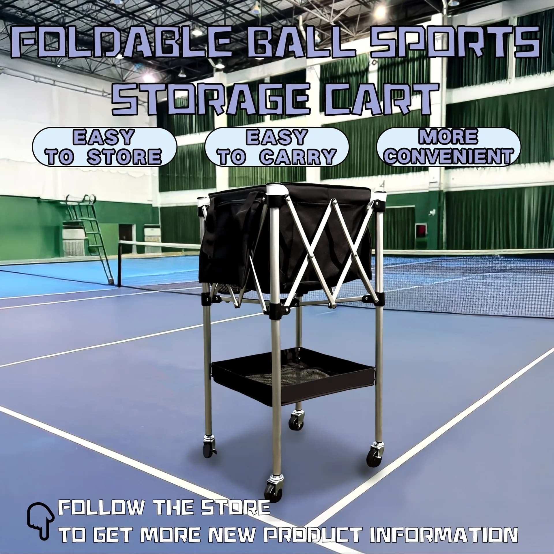 Carrello portaoggetti completo per tennis Comodo carrello pick-up per coach da tennis con telaio per palline Dispositivo pick-up pieghevole per carrello da badminton