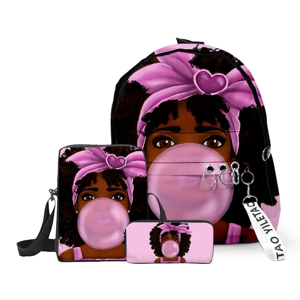 Lusso popolare divertente ragazza africana stampa 3D 3 pezzi / set borse da scuola per alunni zaino per laptop zaino borsa a tracolla inclinata astuccio