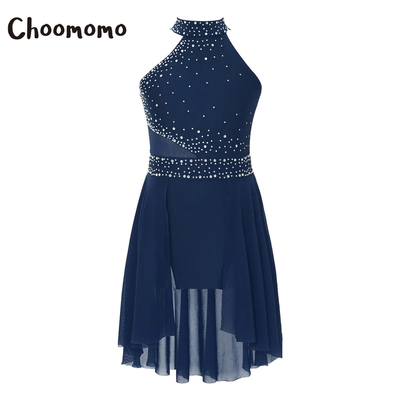 Vestito da Pattinaggio Artistico per Bambine con Strass Scintillanti, Orlo Irregolare, Senza Maniche, per Ginnastica e Danza Lirica