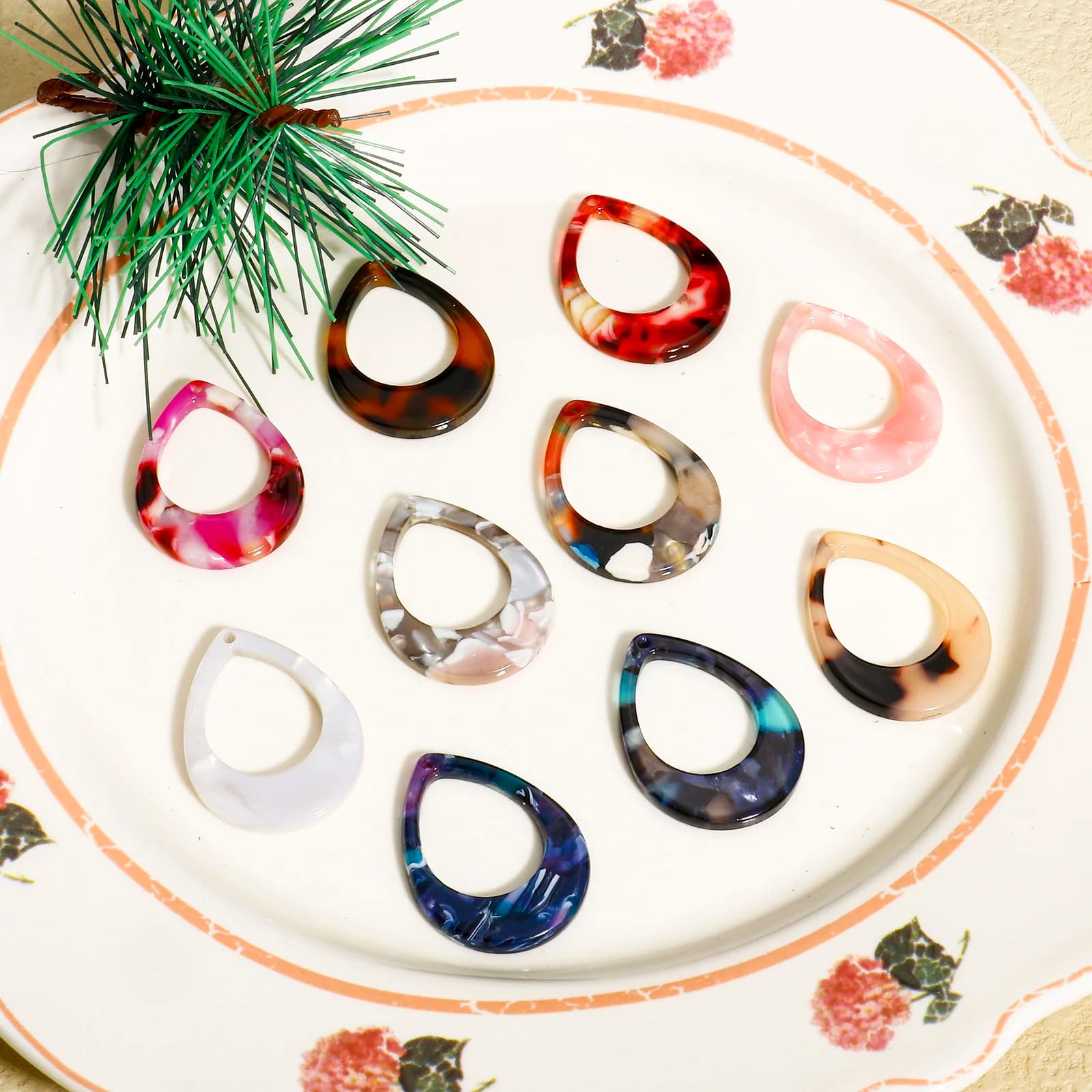 5PCs ciondoli in marmo acrilico acetato resina acido acetico per gioielli che fanno goccia cava multicolore Ciondolo stile fai da te 28mm x 21mm