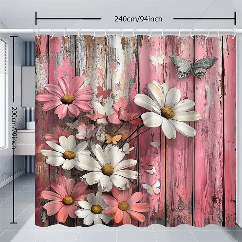 Exquisite flower illustration shower curtain and bathtub cover curtain in the bathroom, with 12 detachable hooks for easy cleani