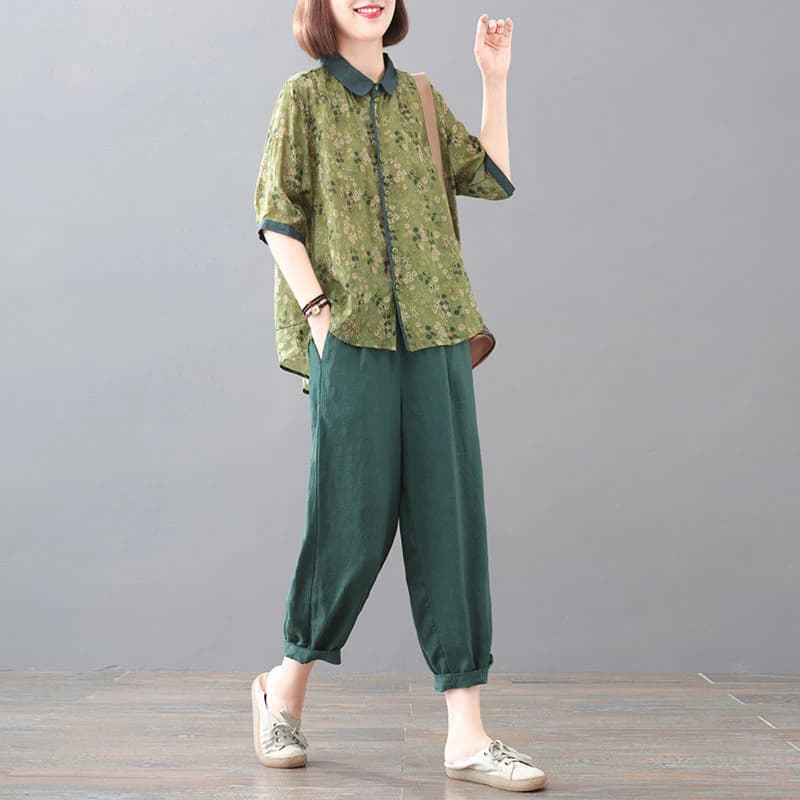 Fashionable Korean Style Cotton Linen Print Set Summer New Arrival Women's Clothing Meat Concealing Stylish Retro Trendy