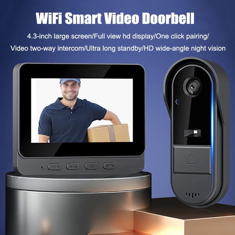 Campanello Intercomunicante Wireless con Visione Notturna, Schermo IPS HD da 4,3 Pollici, Telecamera Impermeabile per Porta, Videocitofono Intelligente per la Sicurezza Domestica