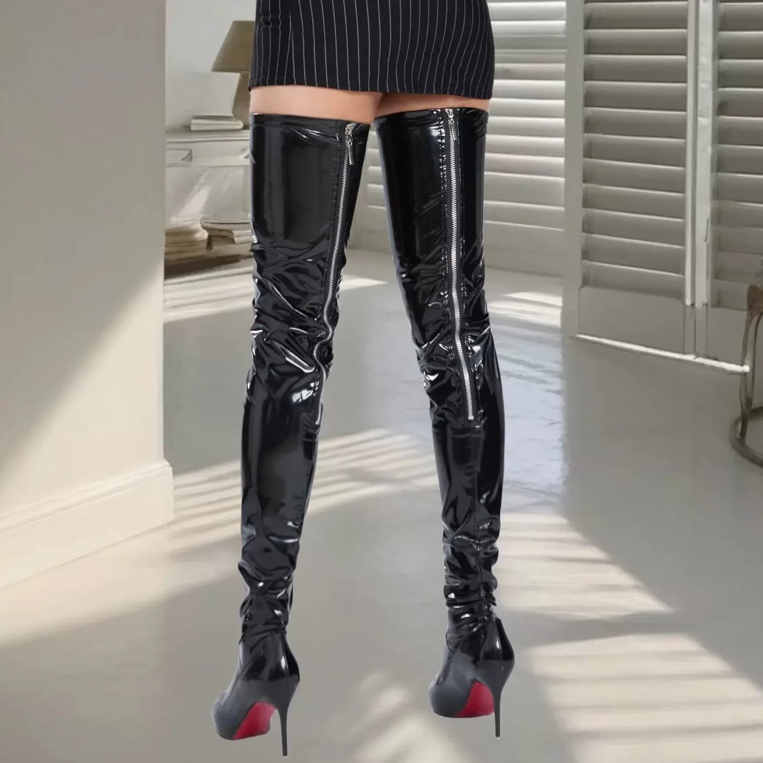 Gothic Women Stockings With Back Zipper Faux Leather Hold Up Silicone Boots Stockings Pole Dance Extra Large Leg Wear Clubwear