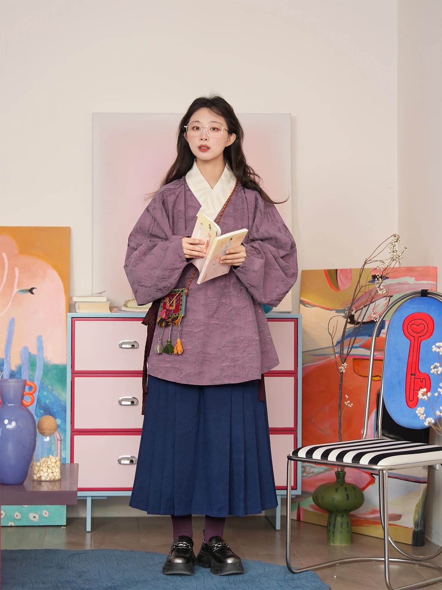 Set Hanfu Misteriosa Fenice Dinastia Ming con Cintura a Fiocco e Borsa a Tracolla, Abbigliamento da Lavoro Quotidiano da Donna, Gonna a Coda di Gallina
