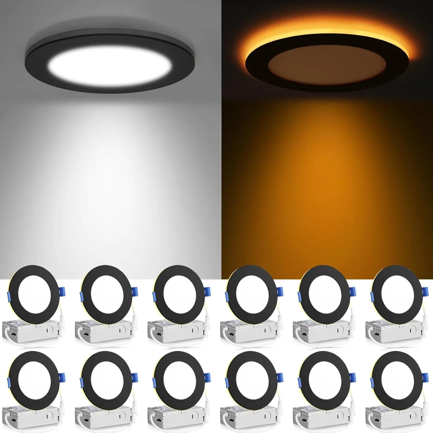 Confezione da 12 Faretti LED Ultra-Sottili da Incasso da 4 Pollici, 5CCT, con Luce Notturna, 9W=75W, 750LM, Dimmerabili, Cornice Nera