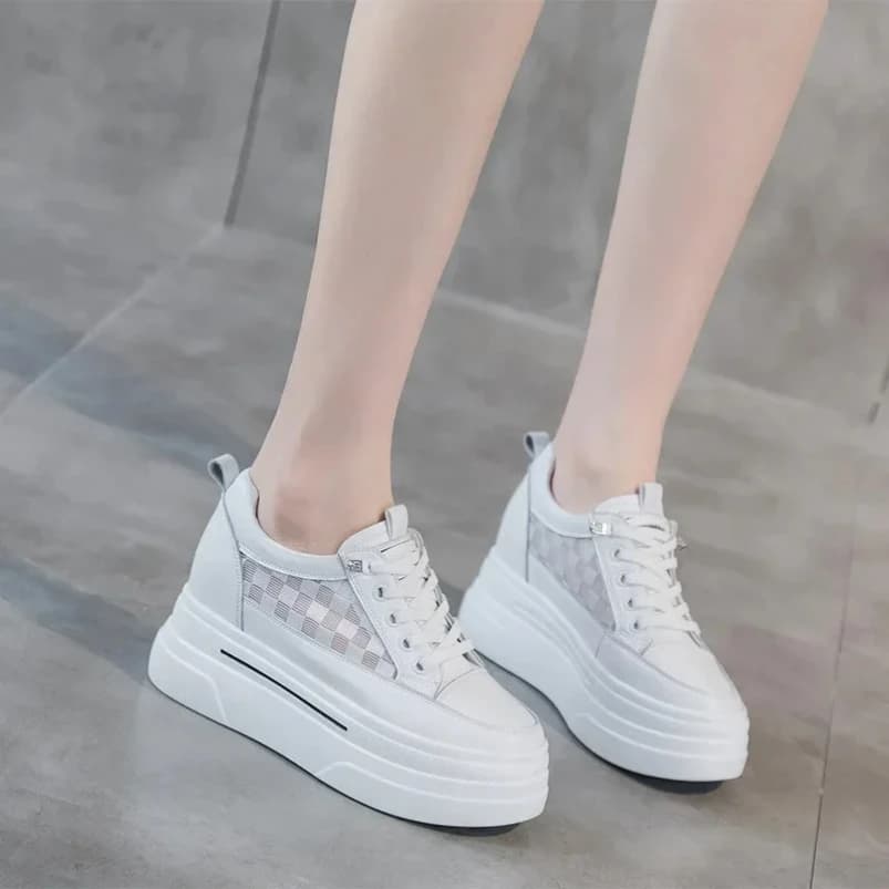 2025 7 centimetri del Cuoio Genuino Piattaforma Sintetica Scarpe Da Ginnastica Con Zeppa Grosso Tacco Nascosto Donne Casual Femminili Autunno Inverno Scarpe Da Donna