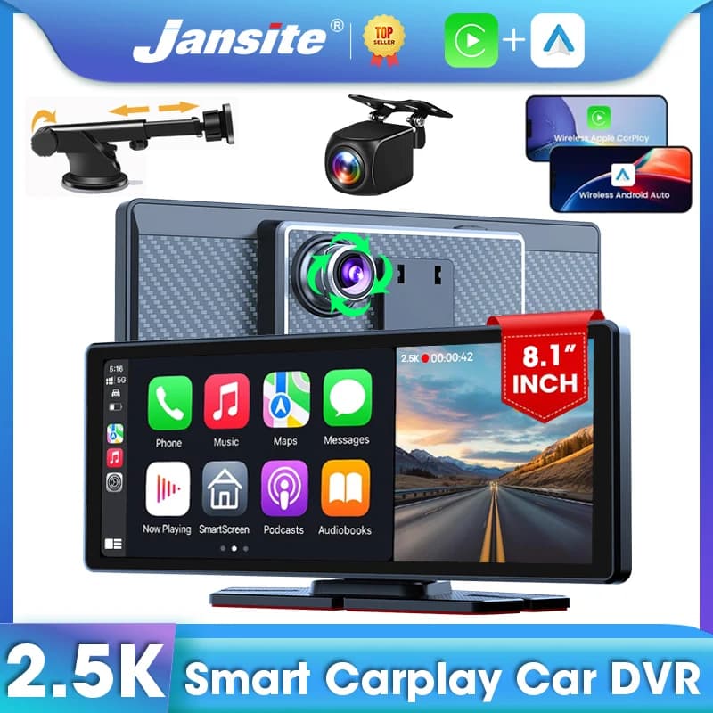 Jansite 8.1" 2.5K+1080P Car DVR 1440P Dashcam Car Radio Wireless Carplay Android Auto Video Recorder with Bracket WiFi Bluetooth