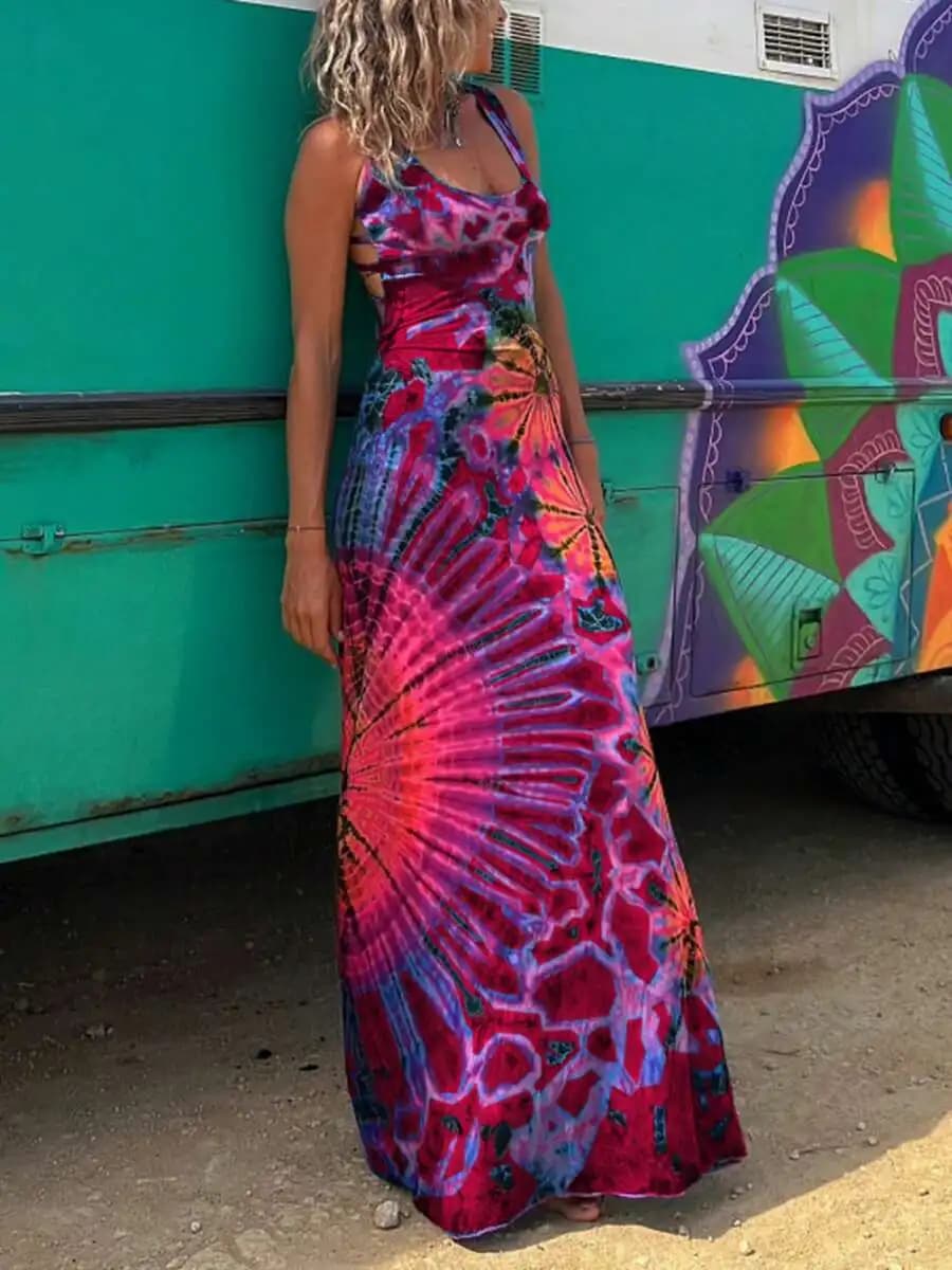 Women Summer Casual Long Dress Tie-Dye Print U-Neck Sleeveless Dress Cross Backless Thin Dress