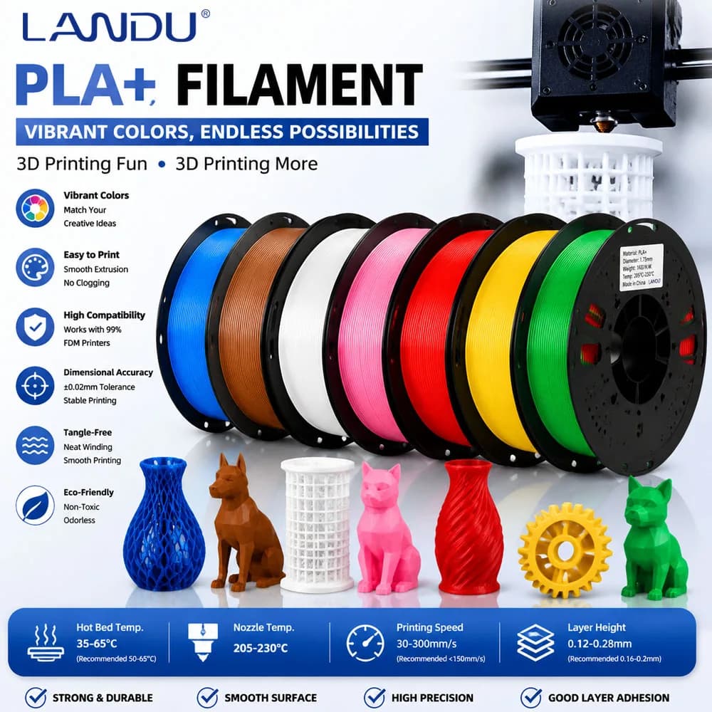LANDU PLA Pro Filament 1kg 1.75mm 3D Printer Material, Black Spool, Fit Most FDM Printer PLA+ Filaments 3D Printing