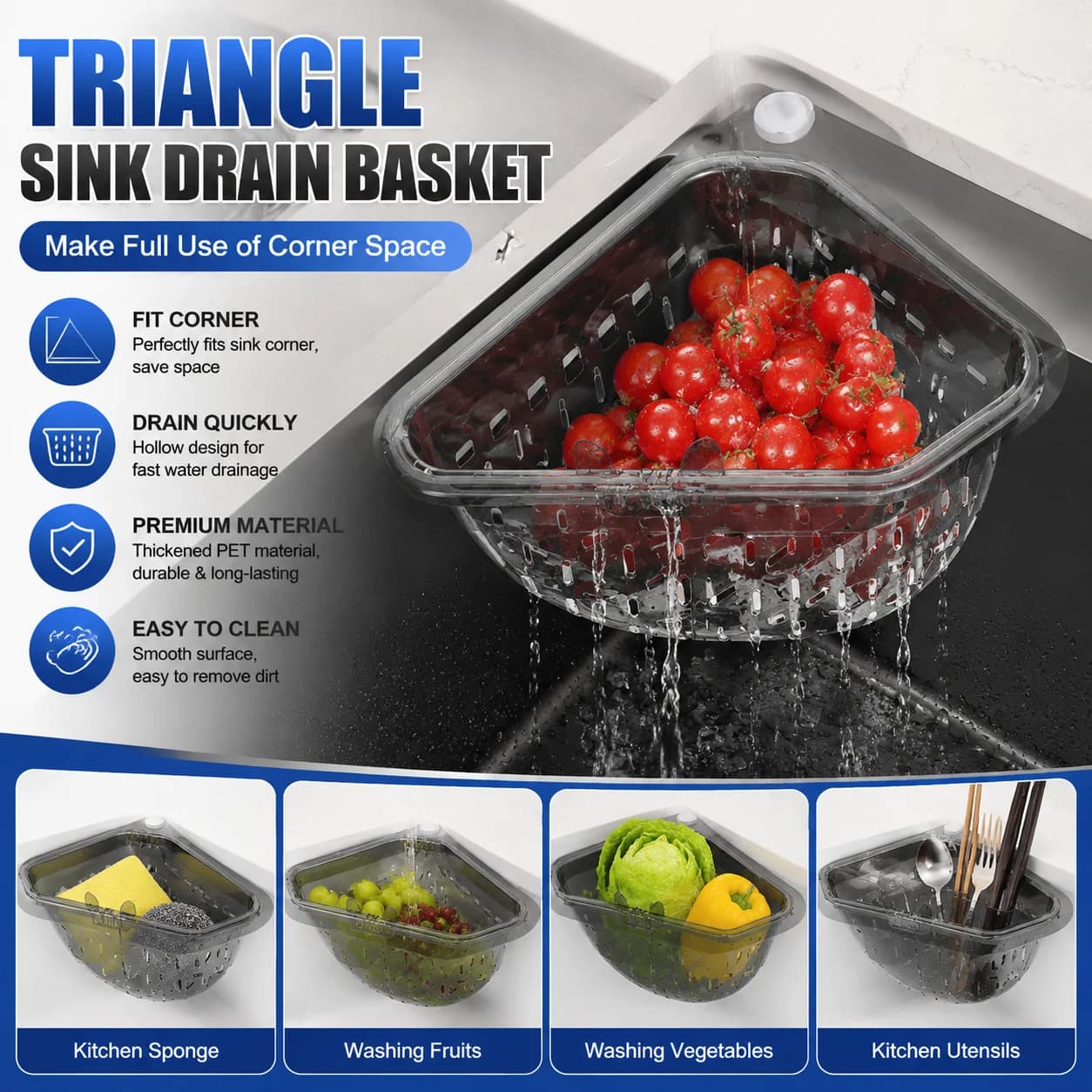Cestello Magnetico Triangolare per Lavello, Filtro per Rifiuti Alimentari da Cucina, Scolapiatti Multifunzionale per Avanzi e Verdure