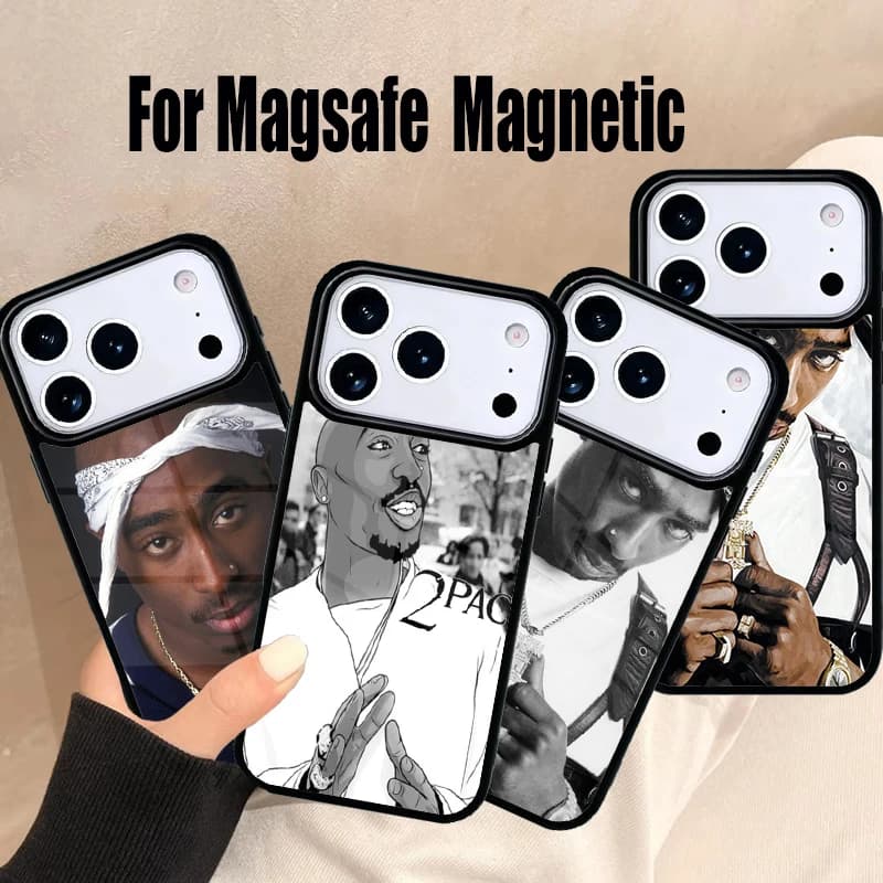 Cover per iPhone 17 Air 16e 15 14 13 12 11 Pro Max Plus con design 2pac Tupac Shakur Rap Rapper, custodia magnetica wireless Magsafe