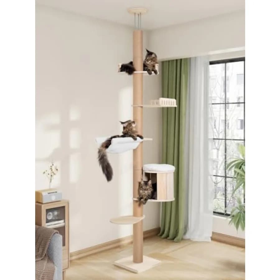 Albero per Gatti Alto da Pavimento a Soffitto per Gatti di Taglia Grande con Altezza Regolabile 82-122 Pollici, Tiragraffi in Legno, Grande Cuccia a Grotta e Letto