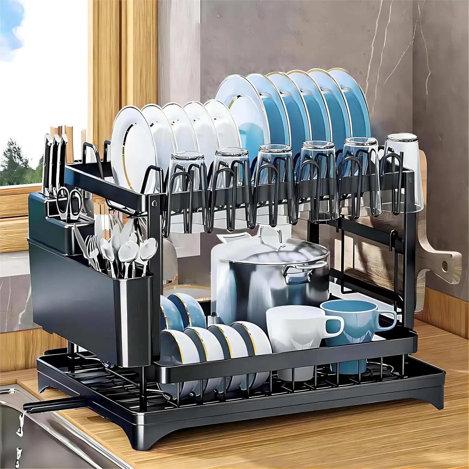Dish Drying Rack 2 Tiers Kitchen Counter Metal Organizer Storage with Drainboard Drainers with Knife Cup Utensil Holder Space Saving Mother's day Gift