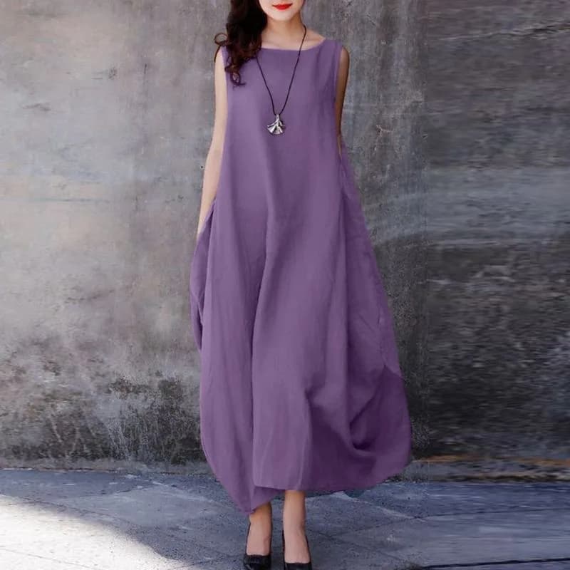New Round Neck Sleeveless Loose Dress Plue Size Spring and Summer Solid Color Casual A-line Wrinkled Pocket Dress Party Clothes