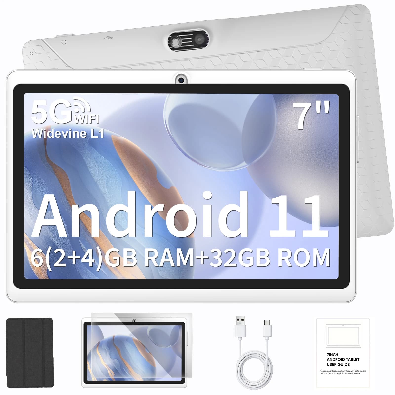 2026 Android 11 7" WiFi Tablet with Case,Max 6GB(2GB+4GB Expansion)RAM+32GB ROM,Quad Core,Dual 2MP Camera,3000mAh IPS Screen