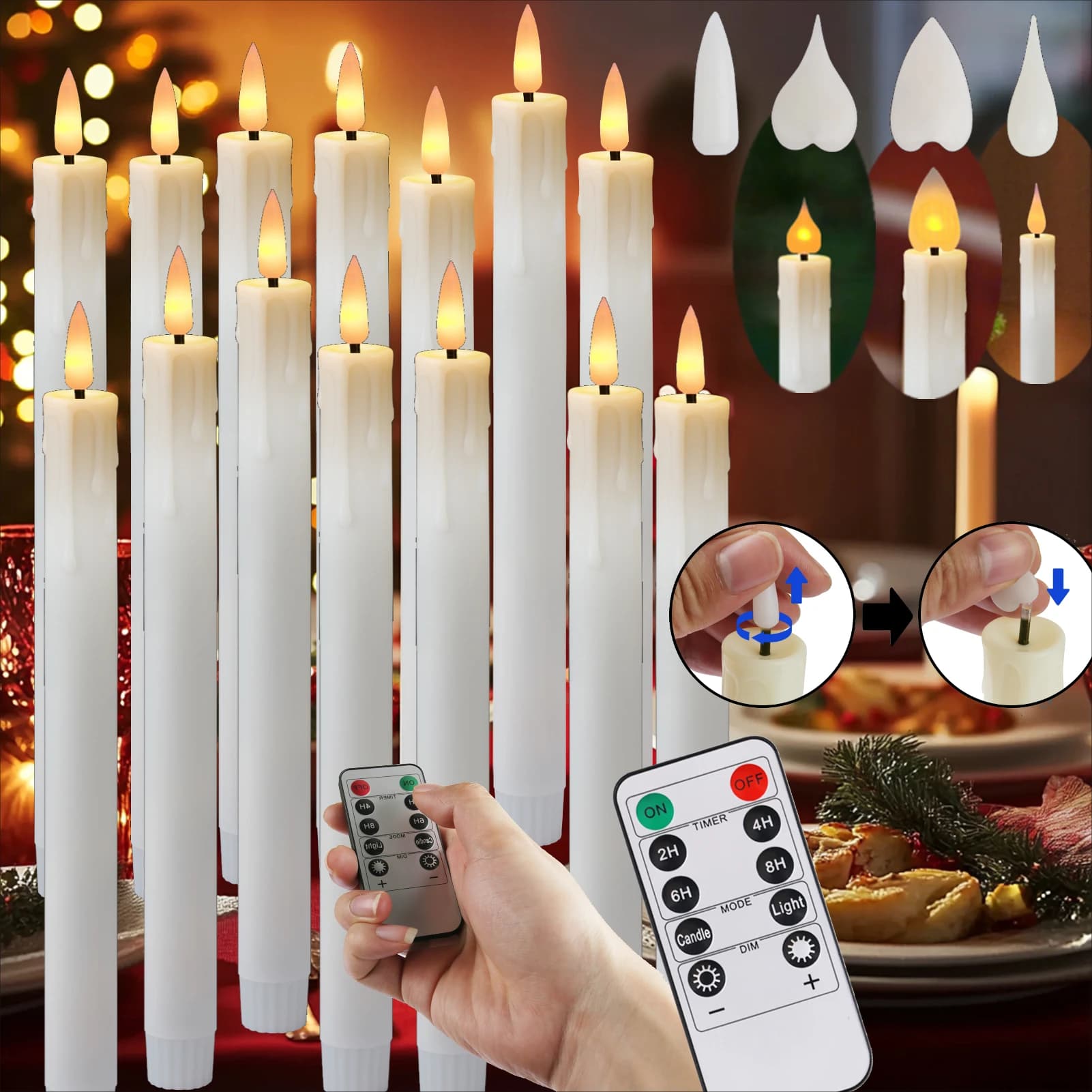 Rechargeable conical candles without flame with remote control and timer Battery window candle 6/12 Christmas decorations for the house and wedding ceremony