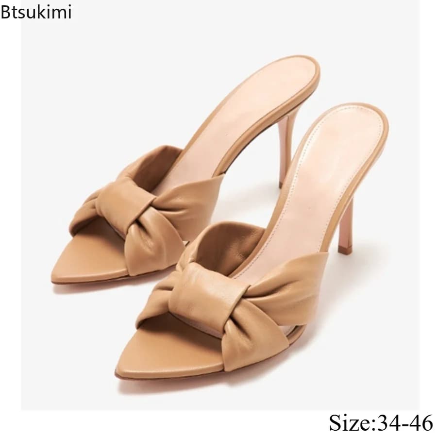 Ladies' Pointed Fashion High-heeled Slippers with Bow Shallow Mouth Slim High-heeled Sandals Summer New Grace Party Dress Shoes