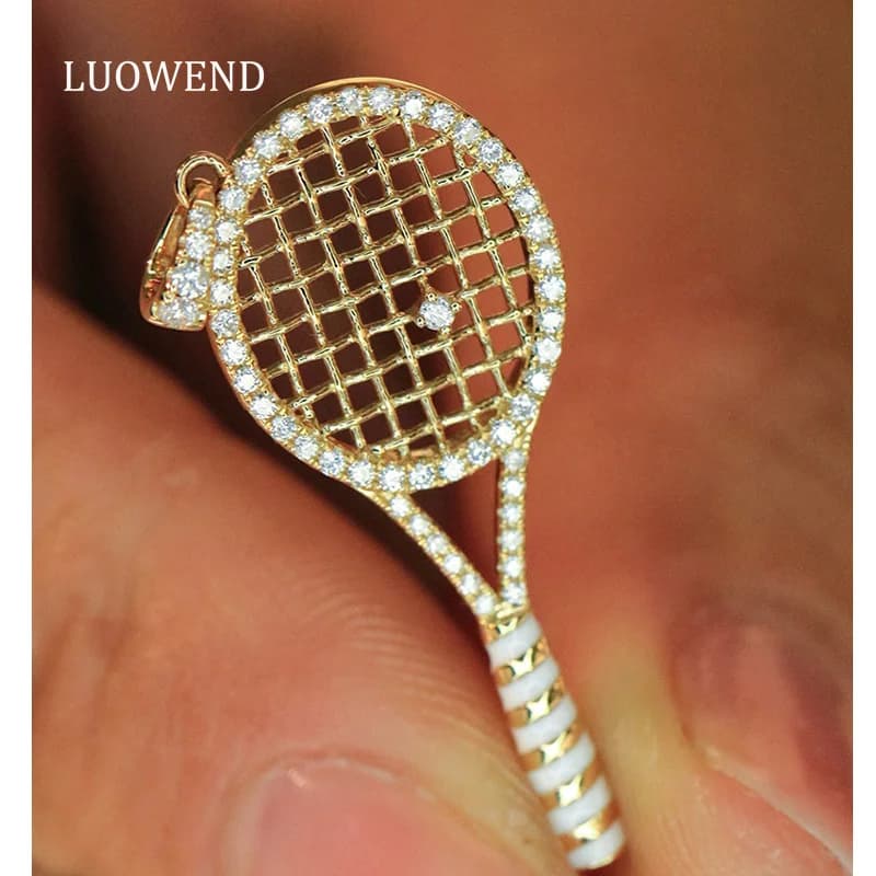 LUOWEND 100% 18K Yellow Gold Pendant Fashion Tennis Racket Shape Real Natural Diamond Necklace Pendant for Women Fine Jewelry