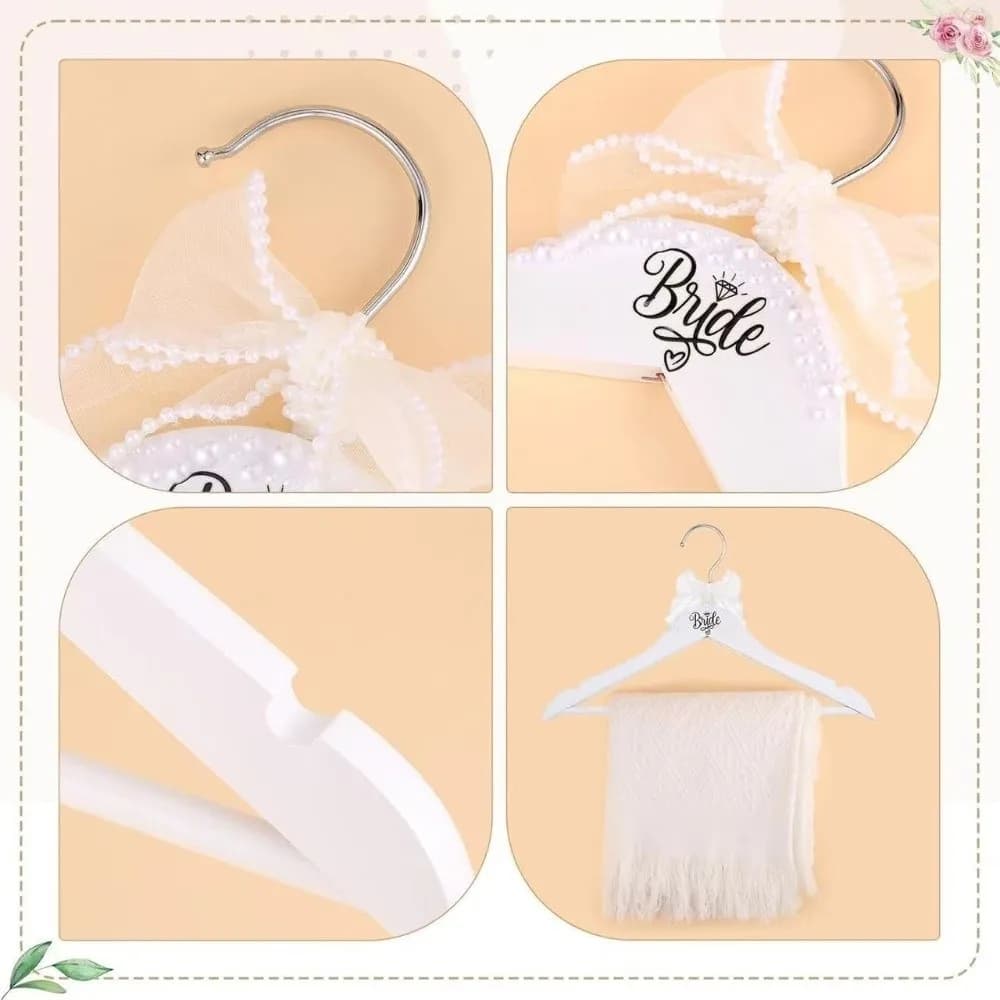 Non-slip Wooden Hanger Space-Saving Ribbon Bow Clothes Hanging Rack Adorned with Pearls Decorative Wedding Dress Hanger