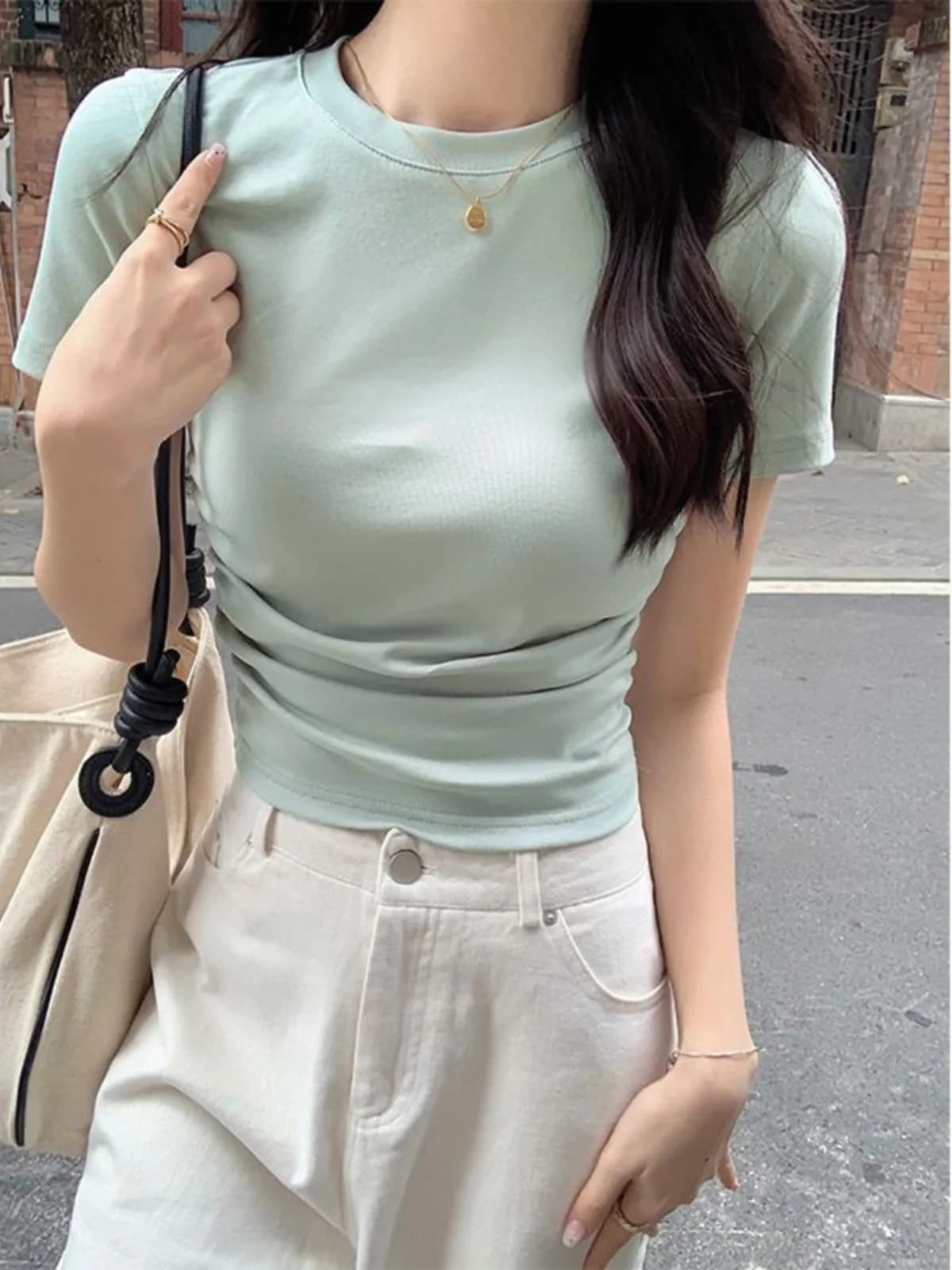 Blue round Neck Short Sleeve Slim Fit T-Shirt Women's Summer 2024 New Pleated Waist-Cinching Short Length Top Korean Style Co...