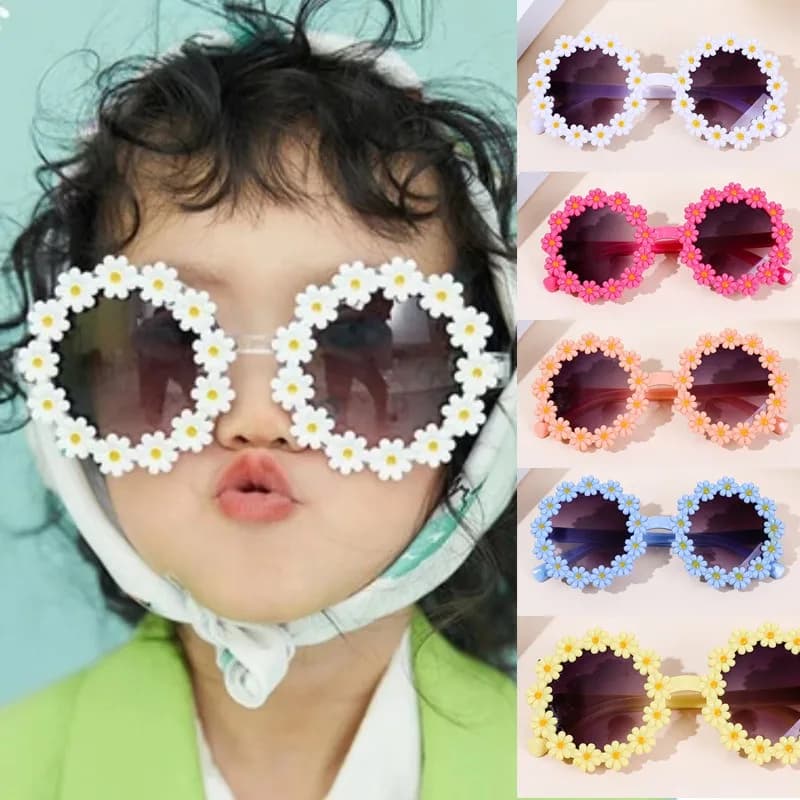 1-16 pezzi nuovi occhiali da sole per bambini carino margherita fiore cornice lente rotonda protezione UV occhiali da sole per ragazze ragazzi bambino moda all'aperto