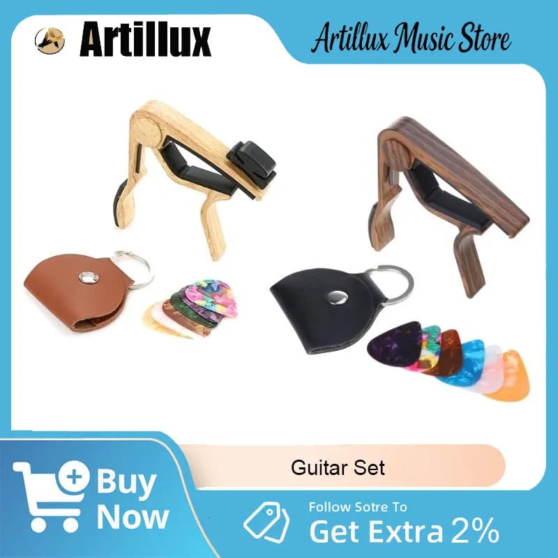 Set di Accessori per Chitarra Artillux, Nuovo Capotasto Effetto Legno con 6 Plettri Colorati Assortiti e Supporto per Amanti della Musica