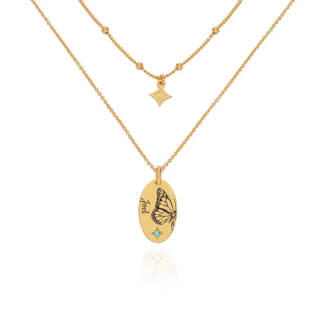 Collana a strati di farfalla e pietra di nascita Pietra portafortuna personalizzata Ciondolo ovale con farfalla incisa al laser Nome personalizzato per lei