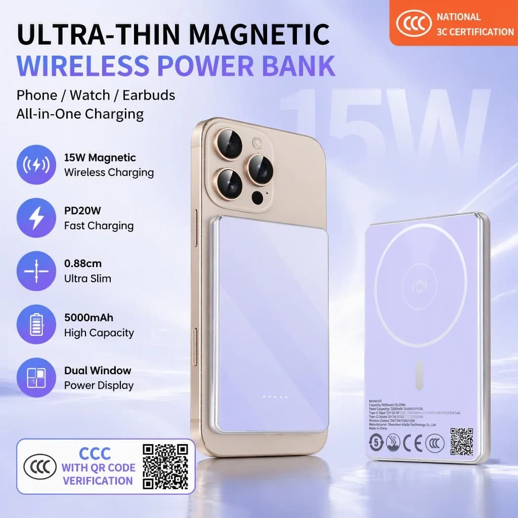 [CCC With QR code] 5000mAh Ultra Slim Magnetic Wireless Power Bank PD20W Fast Charging External Battery For iPhone Watch Earbuds
