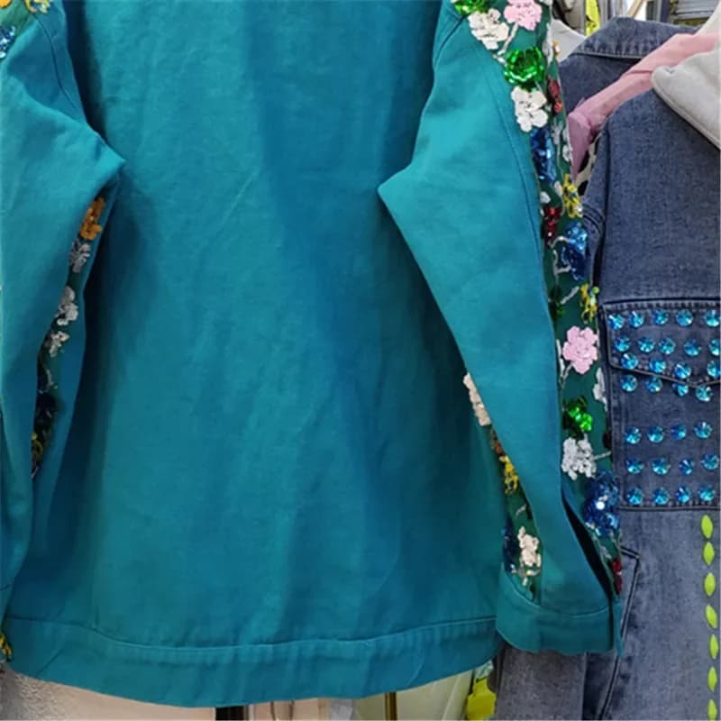 Peacock Blue Diamonds Sequins Flower Mesh Denim Jacket Women Loose Short Casual Outerwear Streetwear Fashion Jeans Jacket Female
