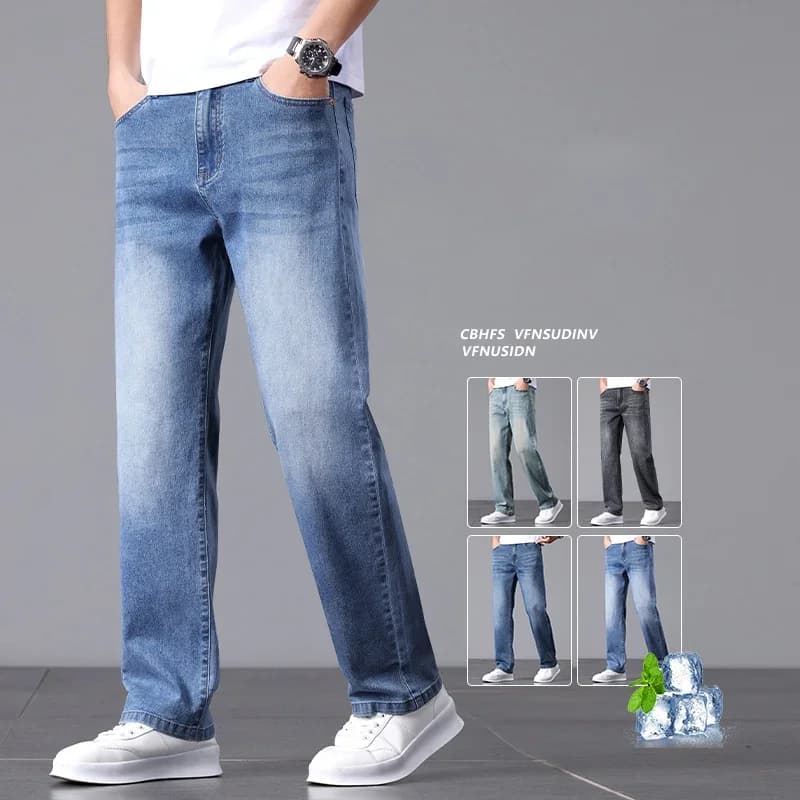 Jeans elasticizzati in cotone alto da uomo gamba dritta ampia 2025 pantaloni casual traspiranti morbidi e comodi estivi slim fit per uomo